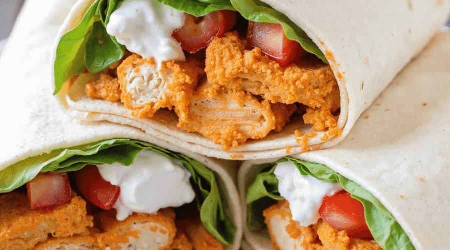 Three buffalo chicken wraps filled with crispy chicken tenders, lettuce, tomato, and blue cheese dressing stacked on a white plate
