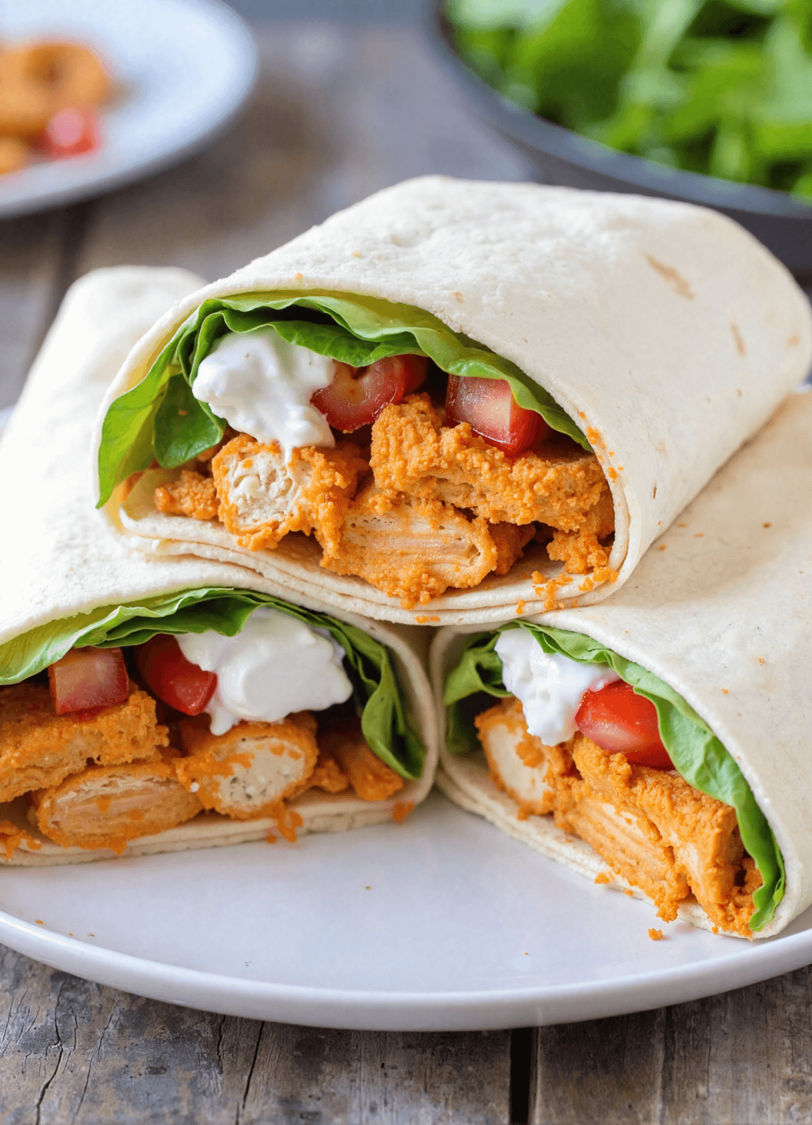 Three buffalo chicken wraps filled with crispy chicken tenders, lettuce, tomato, and blue cheese dressing stacked on a white plate