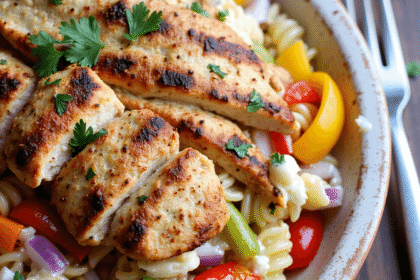 Cajun chicken pasta salad served in a white bowl with rotini pasta, grilled chicken, bell peppers, and creamy dressing, garnished with fresh parsley