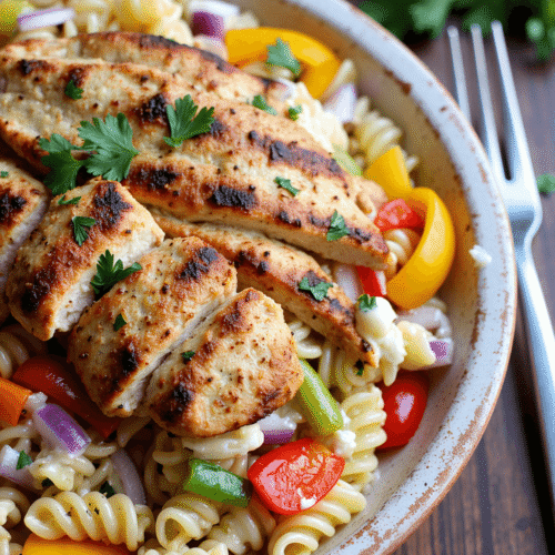 Cajun chicken pasta salad served in a white bowl with rotini pasta, grilled chicken, bell peppers, and creamy dressing, garnished with fresh parsley