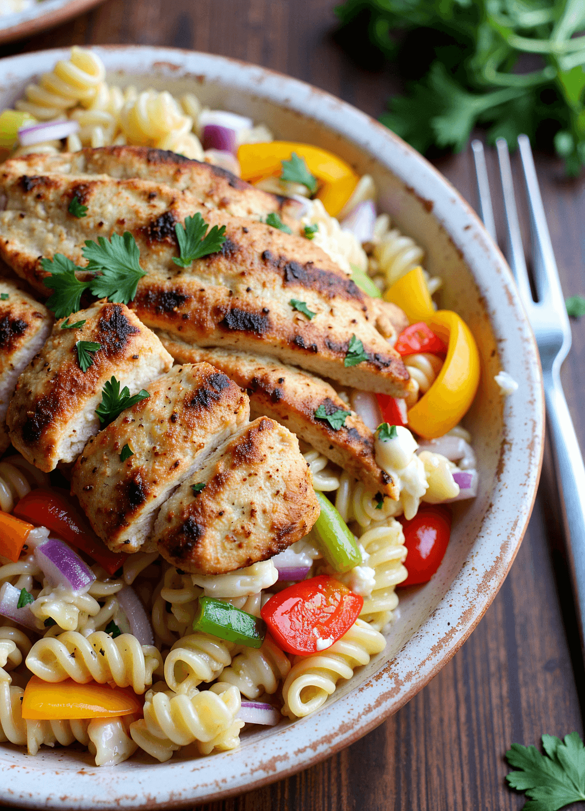 Cajun chicken pasta salad served in a white bowl with rotini pasta, grilled chicken, bell peppers, and creamy dressing, garnished with fresh parsley