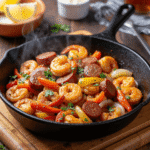 @readyprepmeals Cajun Shrimp and Sausage Skillet featuring juicy shrimp, smoky andouille sausage, and vibrant bell peppers in a sizzling cast iron pan.