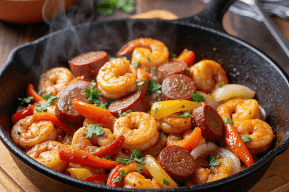 @readyprepmeals Cajun Shrimp and Sausage Skillet featuring juicy shrimp, smoky andouille sausage, and vibrant bell peppers in a sizzling cast iron pan.