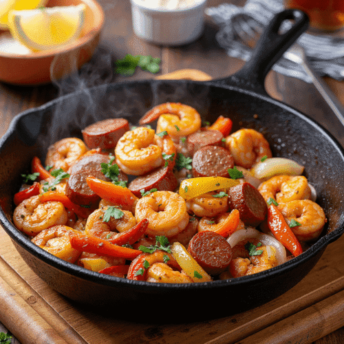 @readyprepmeals Cajun Shrimp and Sausage Skillet featuring juicy shrimp, smoky andouille sausage, and vibrant bell peppers in a sizzling cast iron pan.