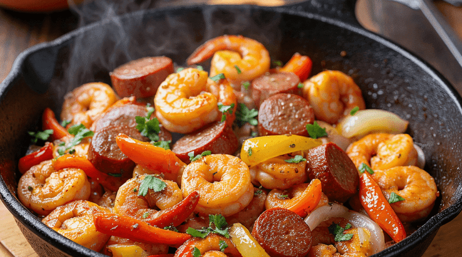 @readyprepmeals Cajun Shrimp and Sausage Skillet featuring juicy shrimp, smoky andouille sausage, and vibrant bell peppers in a sizzling cast iron pan.