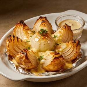 Blooming baked onion boil with melted butter sauce and herbs served with dipping sauce