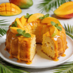 Moist eggless mango bundt cake with mango glaze, fresh mango slices, and mint leaves