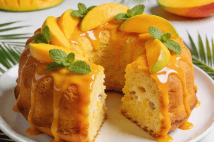 Moist eggless mango bundt cake with mango glaze, fresh mango slices, and mint leaves