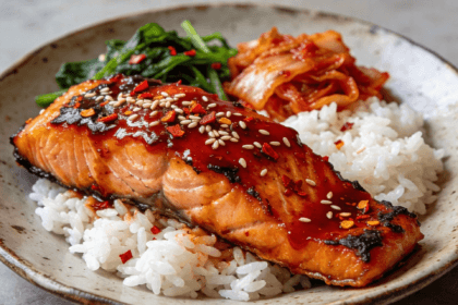 Korean gochujang salmon with rice, kimchi, and greens on a rustic plate