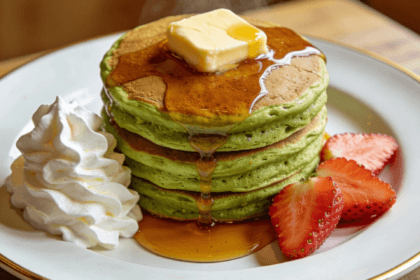 Fluffy Japanese matcha pancakes with butter, maple syrup, whipped cream, and strawberries on a plate