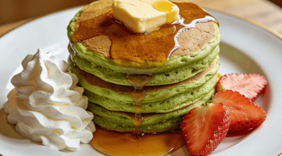 Fluffy Japanese matcha pancakes with butter, maple syrup, whipped cream, and strawberries on a plate