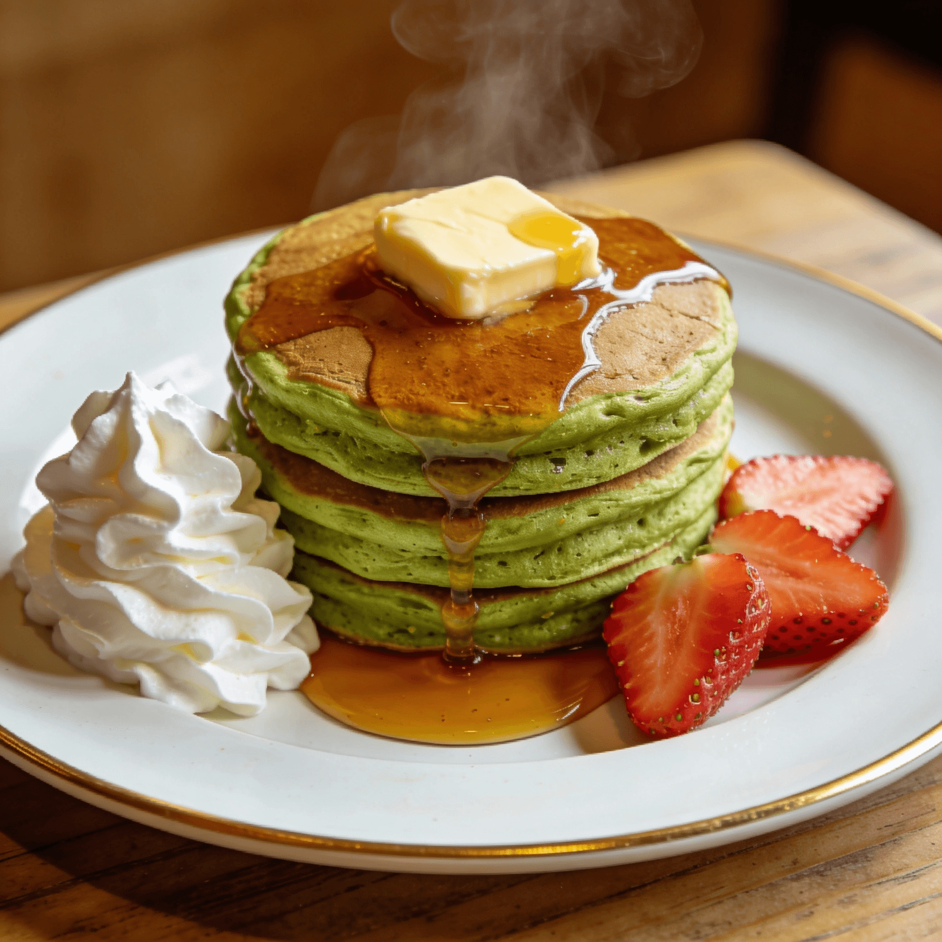 Fluffy Japanese matcha pancakes with butter, maple syrup, whipped cream, and strawberries on a plate