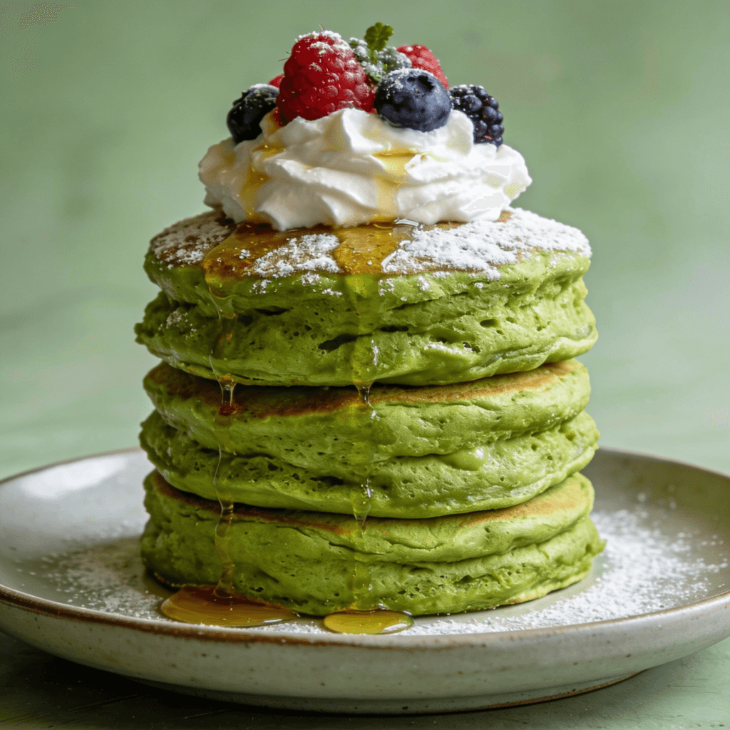 Japanese soufflé matcha pancakes stacked with whipped cream, mixed berries, and powdered sugar