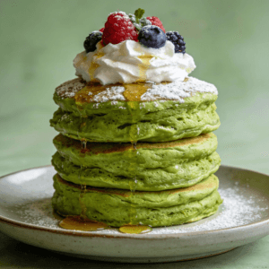 Japanese soufflé matcha pancakes stacked with whipped cream, mixed berries, and powdered sugar