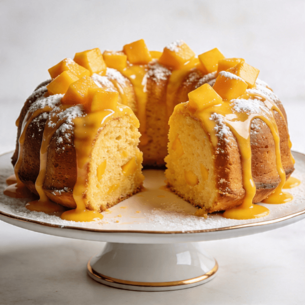 Eggless mango bundt cake sliced with mango glaze and fresh mango cubes on top