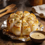 Buttery baked onion boil sliced open with garlic butter and dipping sauce on foil