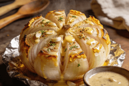 Buttery baked onion boil sliced open with garlic butter and dipping sauce on foil