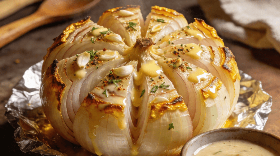 Buttery baked onion boil sliced open with garlic butter and dipping sauce on foil