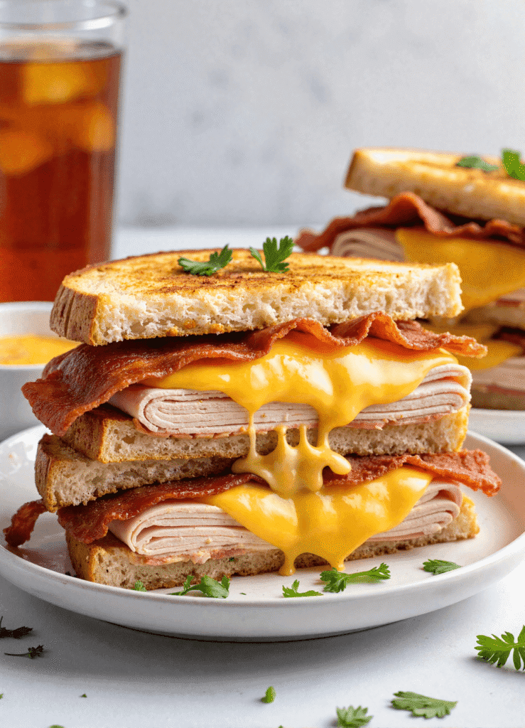 Cheddar and Bacon Turkey Melt with melty cheese, crispy bacon, and turkey slices stacked on toasted sourdough, served on a white plate with iced tea in the background