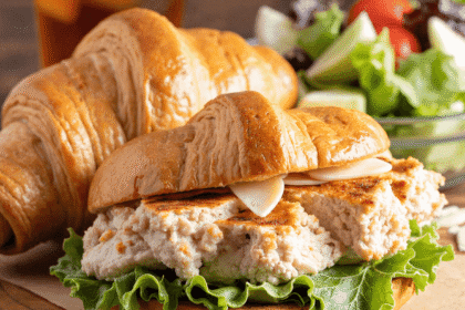Chicken Caesar Croissant Sandwich on a wooden board with fresh lettuce and iced tea in the background