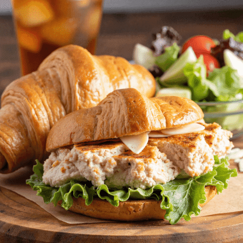 Chicken Caesar Croissant Sandwich on a wooden board with fresh lettuce and iced tea in the background