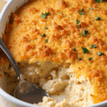 A creamy chicken casserole topped with a golden, buttery Ritz cracker crust, garnished with fresh parsley, served in a white baking dish.