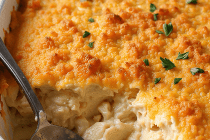A creamy chicken casserole topped with a golden, buttery Ritz cracker crust, garnished with fresh parsley, served in a white baking dish.
