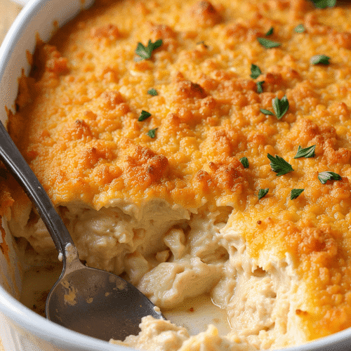 A creamy chicken casserole topped with a golden, buttery Ritz cracker crust, garnished with fresh parsley, served in a white baking dish.