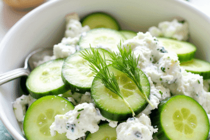Chilled cucumber yogurt salad served in a white ceramic bowl, garnished with fresh dill and a drizzle of olive oil