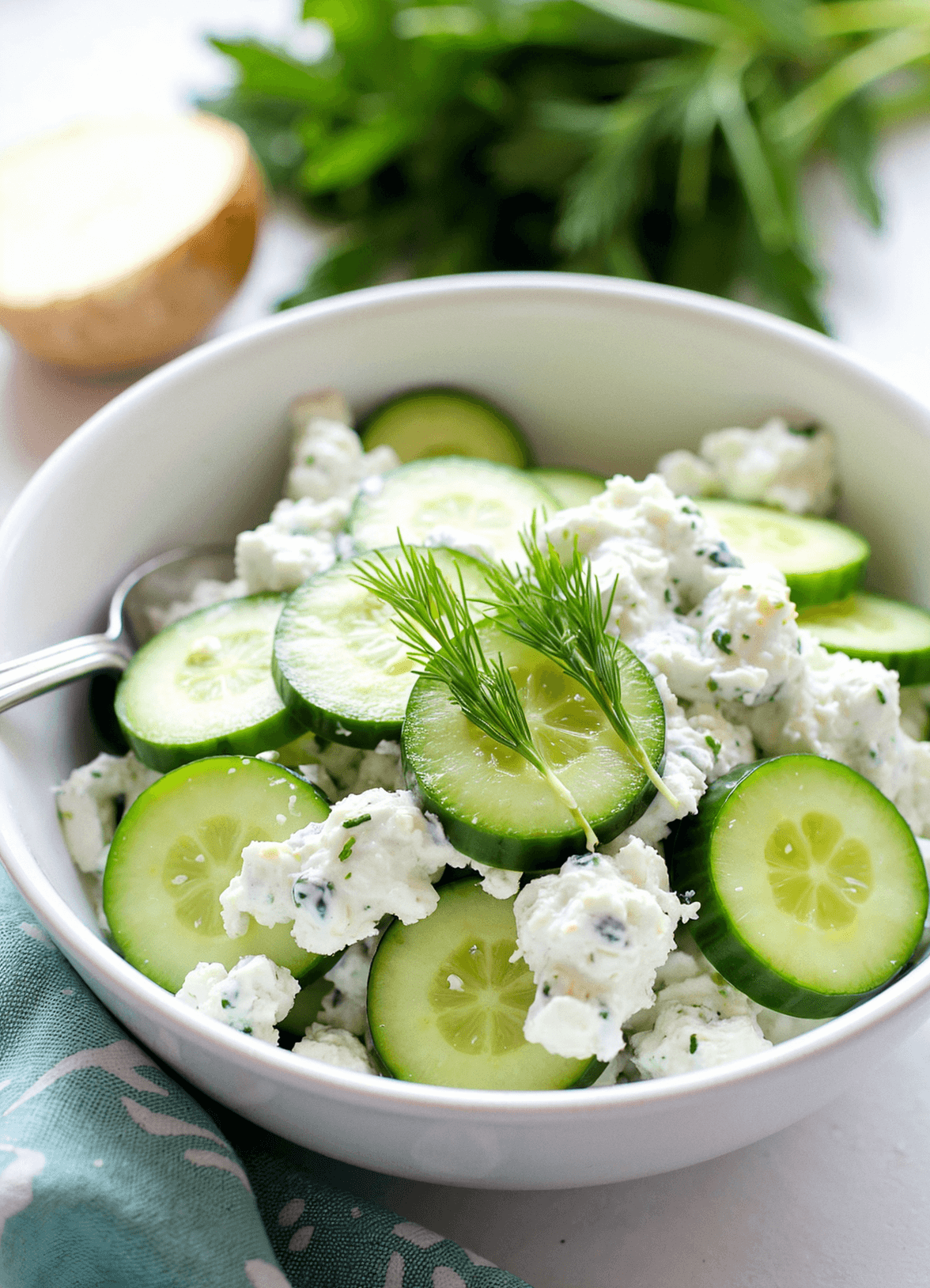 Chilled cucumber yogurt salad served in a white ceramic bowl, garnished with fresh dill and a drizzle of olive oil