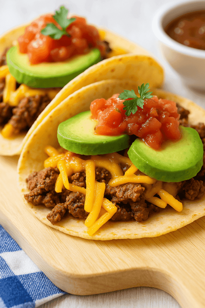 Two chorizo breakfast tacos topped with cheddar cheese, fresh avocado slices, and salsa on a wooden serving board.