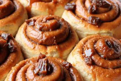 Freshly baked cinnamon date sticky buns in a round baking pan, featuring golden-brown swirls filled with date paste and cinnamon, topped with a glossy glaze and chopped dates, set on a wooden table in a cozy kitchen.