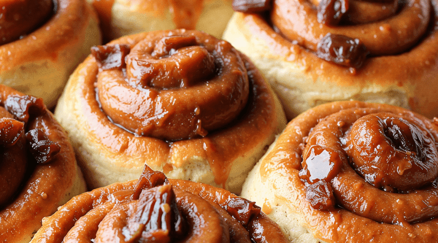 Freshly baked cinnamon date sticky buns in a round baking pan, featuring golden-brown swirls filled with date paste and cinnamon, topped with a glossy glaze and chopped dates, set on a wooden table in a cozy kitchen.
