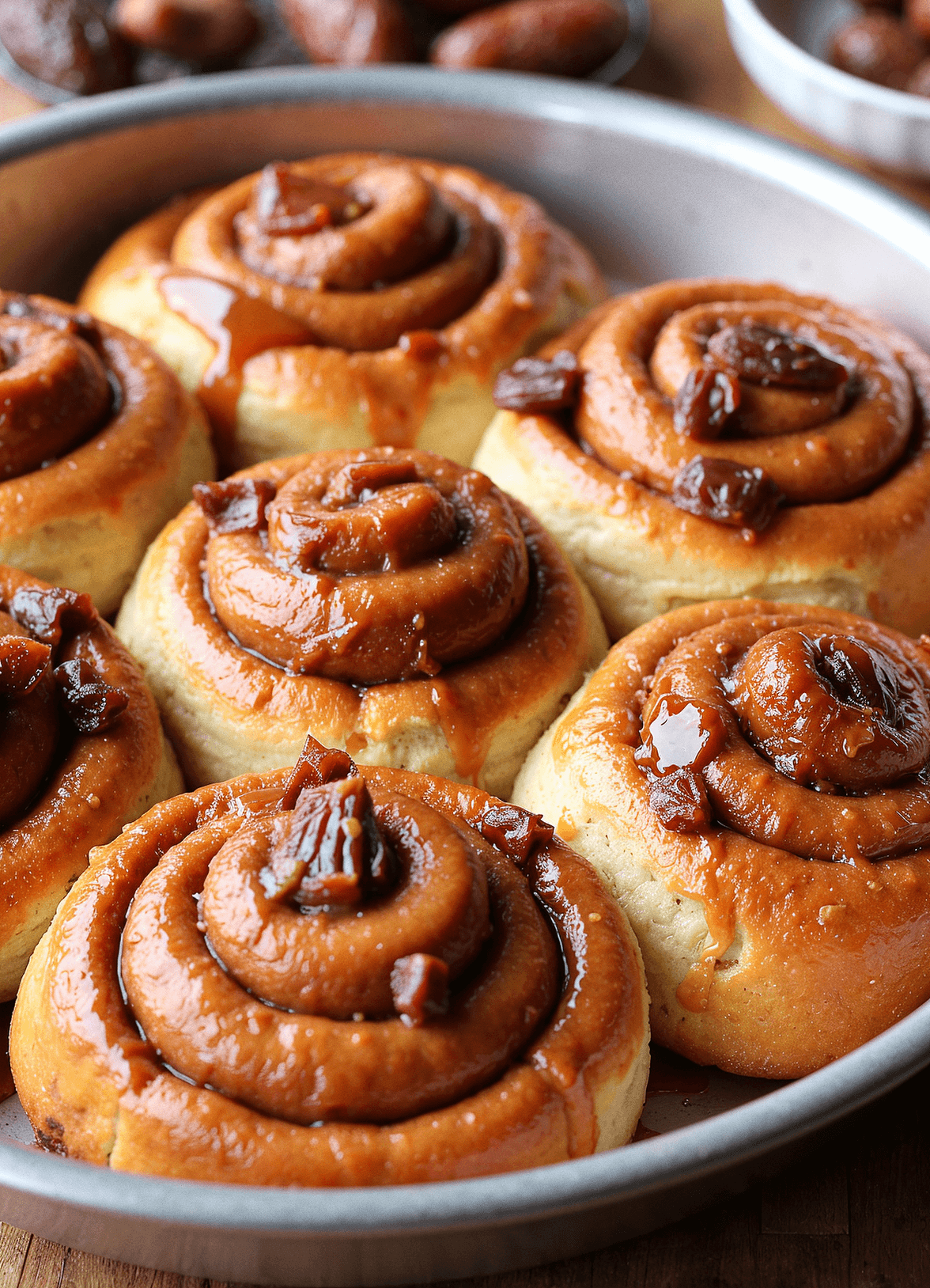Freshly baked cinnamon date sticky buns in a round baking pan, featuring golden-brown swirls filled with date paste and cinnamon, topped with a glossy glaze and chopped dates, set on a wooden table in a cozy kitchen.
