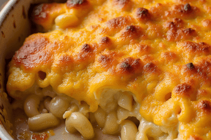 A freshly baked classic Southern macaroni and cheese casserole with a golden, crispy cheese crust and creamy elbow macaroni in a rustic dish.