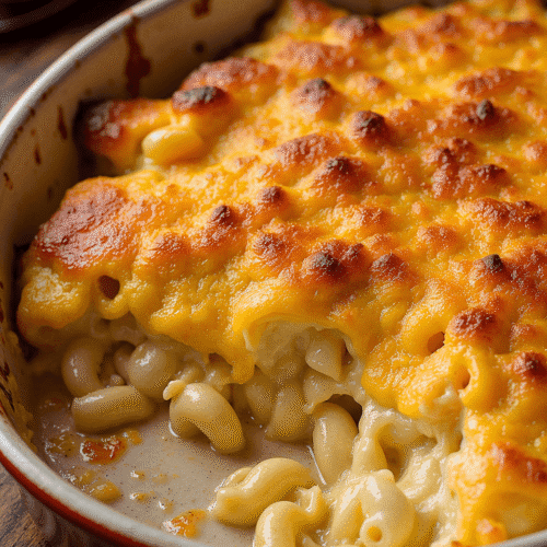 A freshly baked classic Southern macaroni and cheese casserole with a golden, crispy cheese crust and creamy elbow macaroni in a rustic dish.