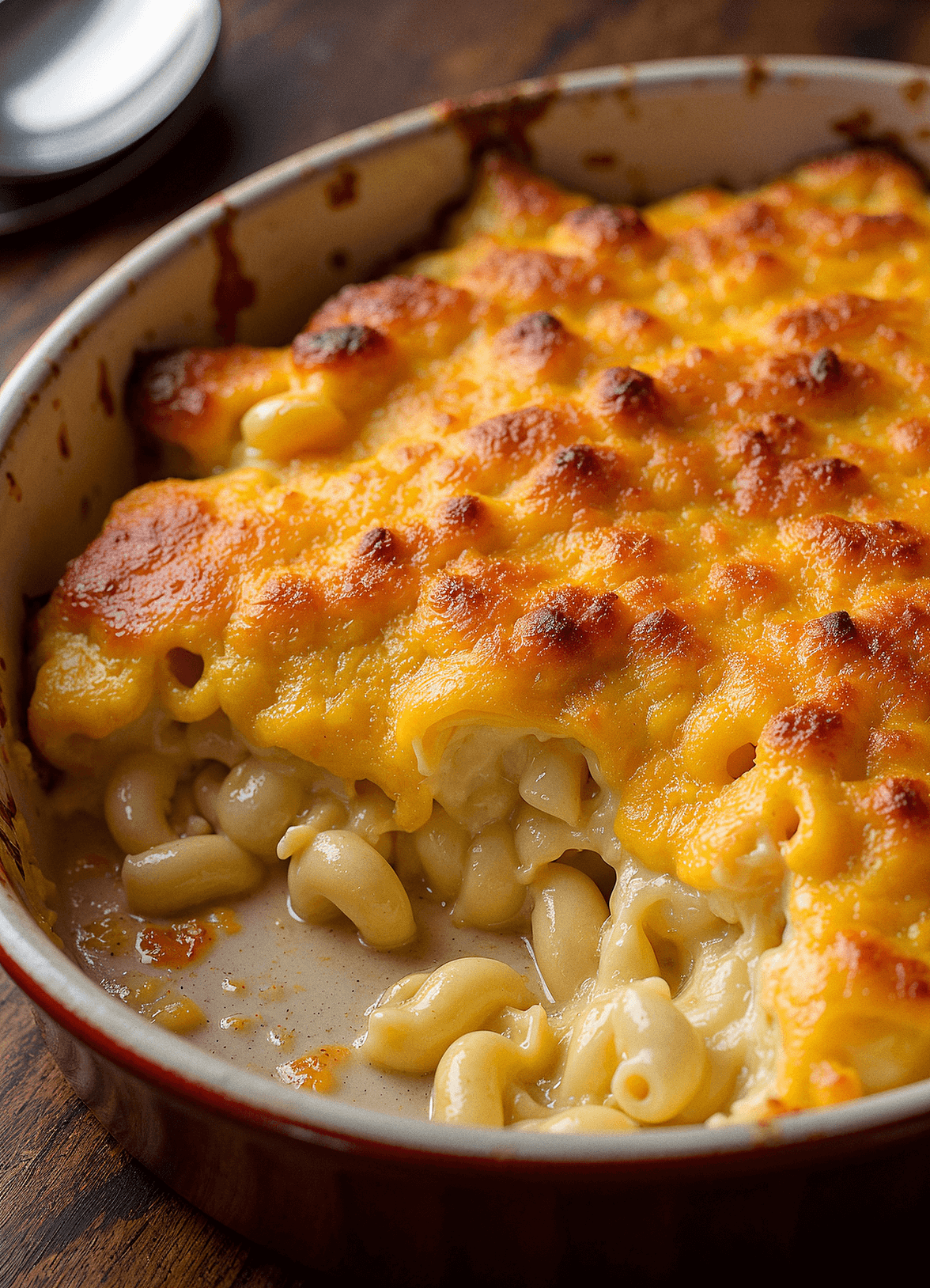 A freshly baked classic Southern macaroni and cheese casserole with a golden, crispy cheese crust and creamy elbow macaroni in a rustic dish.