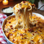 A creamy crack chicken spaghetti bake topped with melted cheddar cheese and crispy bacon bits, served in a white baking dish.