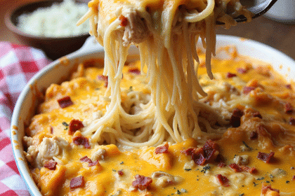 A creamy crack chicken spaghetti bake topped with melted cheddar cheese and crispy bacon bits, served in a white baking dish.