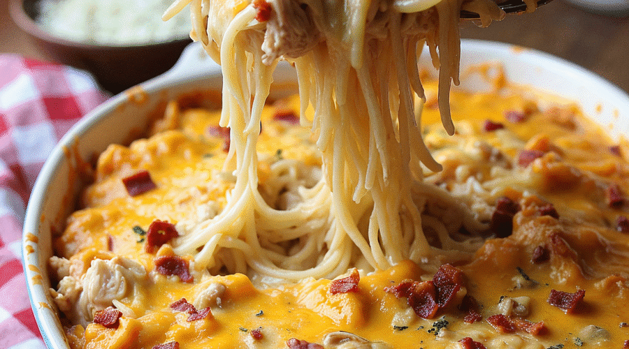 A creamy crack chicken spaghetti bake topped with melted cheddar cheese and crispy bacon bits, served in a white baking dish.