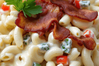 Chilled creamy macaroni salad with bacon, celery, red pepper, and parsley served in a rustic ceramic bowl on a picnic table