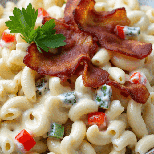 Chilled creamy macaroni salad with bacon, celery, red pepper, and parsley served in a rustic ceramic bowl on a picnic table