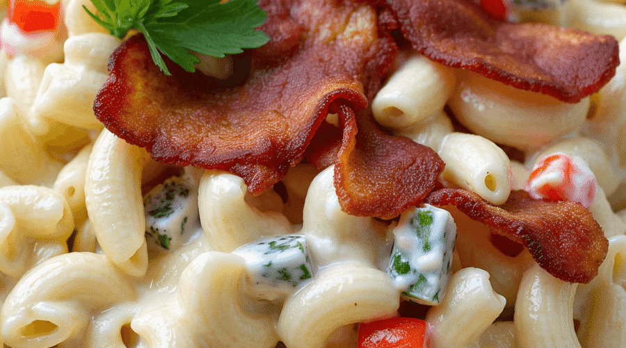Chilled creamy macaroni salad with bacon, celery, red pepper, and parsley served in a rustic ceramic bowl on a picnic table