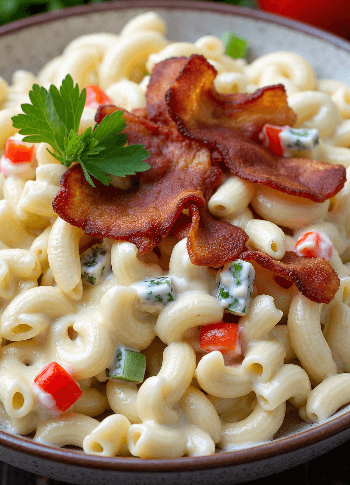 Chilled creamy macaroni salad with bacon, celery, red pepper, and parsley served in a rustic ceramic bowl on a picnic table
