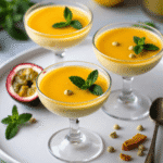 Creamy passion fruit mousse served in glass cups, topped with glossy passion fruit sauce and garnished with fresh mint leaves