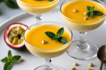 Creamy passion fruit mousse served in glass cups, topped with glossy passion fruit sauce and garnished with fresh mint leaves