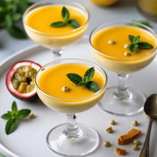 Creamy passion fruit mousse served in glass cups, topped with glossy passion fruit sauce and garnished with fresh mint leaves