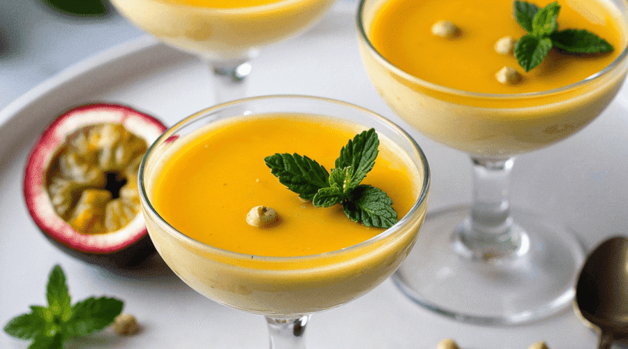 Creamy passion fruit mousse served in glass cups, topped with glossy passion fruit sauce and garnished with fresh mint leaves