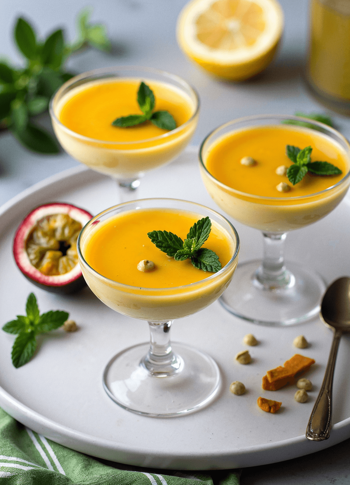 Creamy passion fruit mousse served in glass cups, topped with glossy passion fruit sauce and garnished with fresh mint leaves