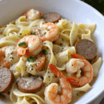 @readyprepmeals Creamy Shrimp & Sausage Alfredo Pasta served in a white bowl, featuring juicy shrimp, seared sausage slices, and fettuccine noodles coated in a rich Alfredo sauce, garnished with fresh parsley.